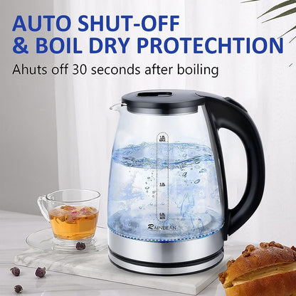 RAINBEAN Electric Kettle Water Boiler| 1.8L | LED Light | Auto Shut-Off | Boil Dry Protection | Glass Black | Free shipping in Canada