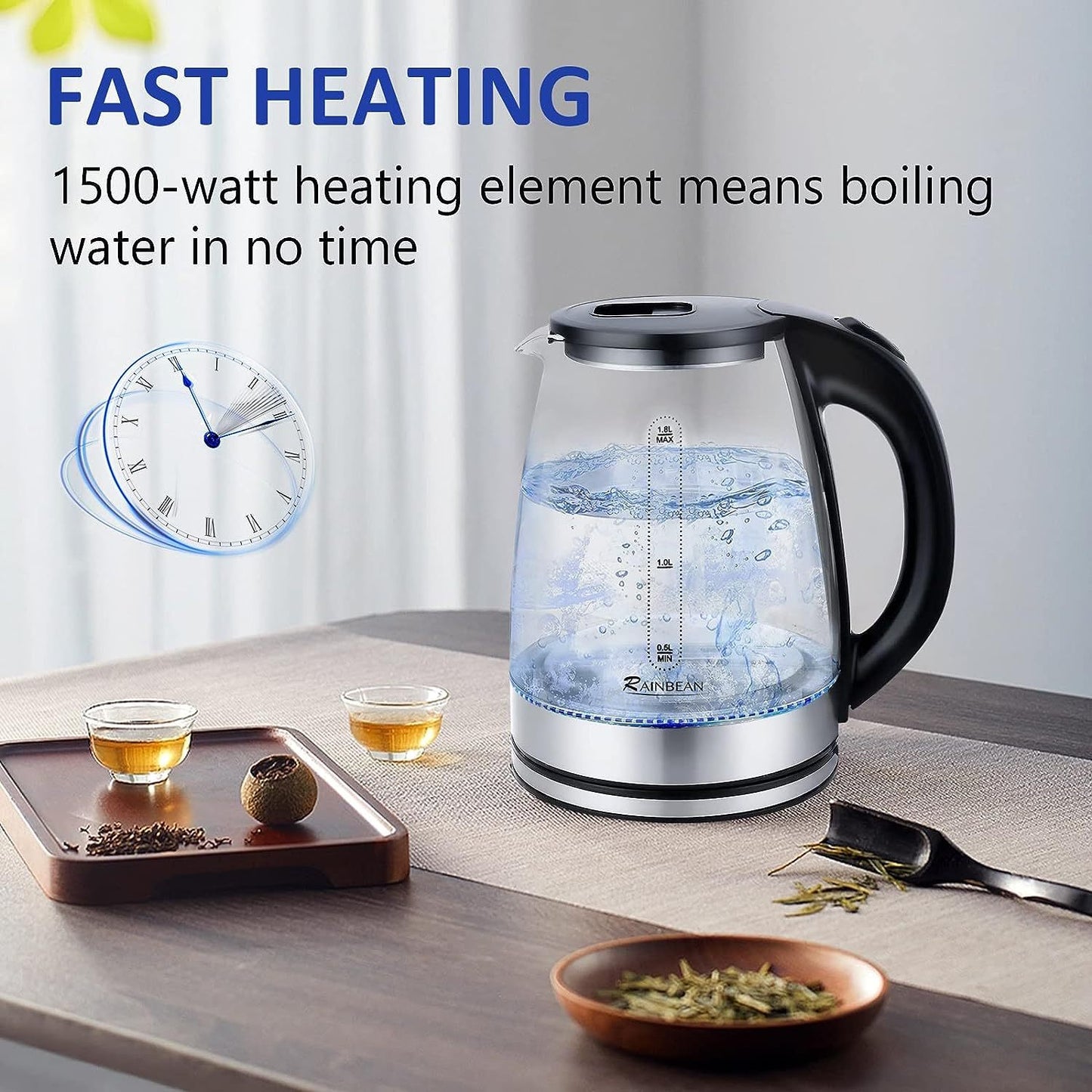 RAINBEAN Electric Kettle Water Boiler| 1.8L | LED Light | Auto Shut-Off | Boil Dry Protection | Glass Black | Free shipping in Canada