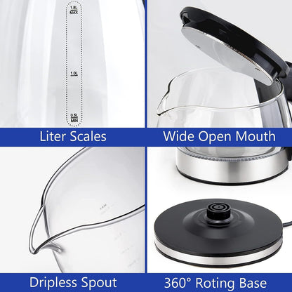RAINBEAN Electric Kettle Water Boiler| 1.8L | LED Light | Auto Shut-Off | Boil Dry Protection | Glass Black | Free shipping in Canada