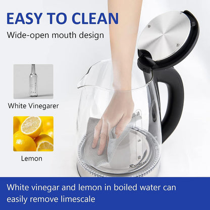 RAINBEAN Electric Kettle Water Boiler| 1.8L | LED Light | Auto Shut-Off | Boil Dry Protection | Glass Black | Free shipping in Canada